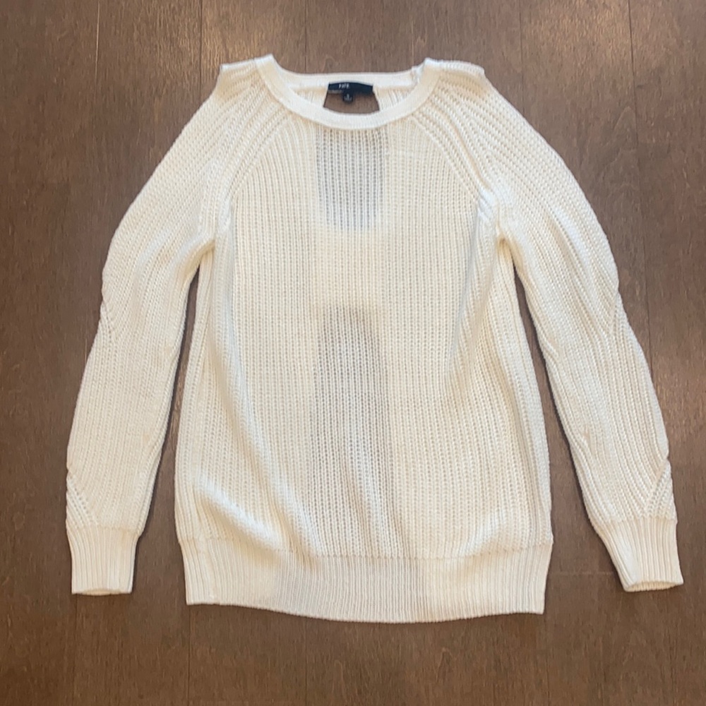 FATE. Cold shoulder, open back sweater in white. Size small.